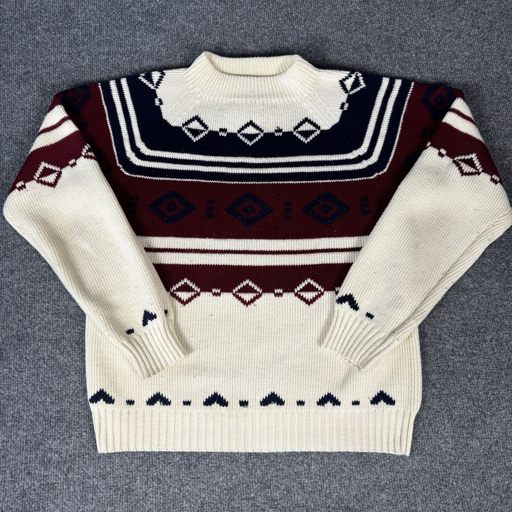 Vintage JCPenney Sweater Mens Small Cream Fair Isle Cable Knit Pullover 80s